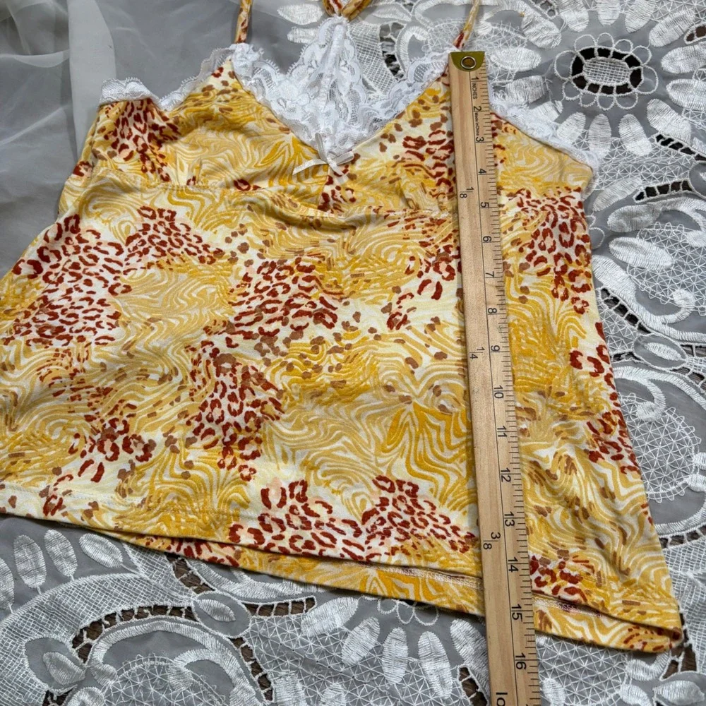 Y2K Yellow Animal Print Lace Trim Pajama Cami Shorts Set S